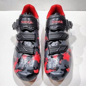 Santic Cycling Shoes Red Gray Black Camo Indoor Road Stationary Sz 46 Mens 12 US